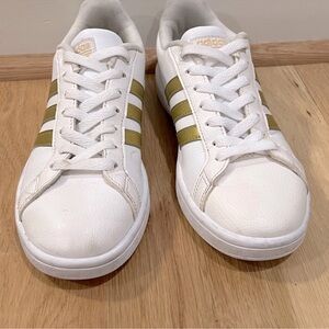 Leather Adidas White Sneakers with Gold Stripes